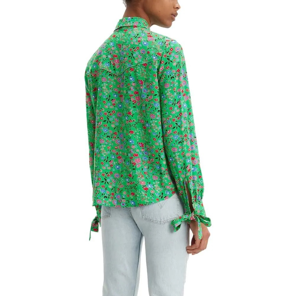 Levi’s Green Floral Button Down Blouse S Small Long Sleeve Tie Cuff Boho Chic - Picture 3 of 10